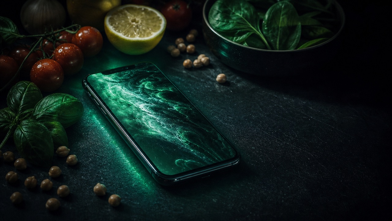 Use It Up app glowing on a kitchen counter surrounded by fresh ingredients