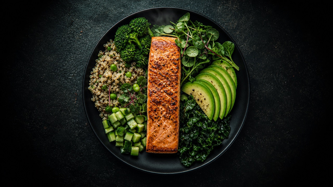 Salmon and greens bowl overhead